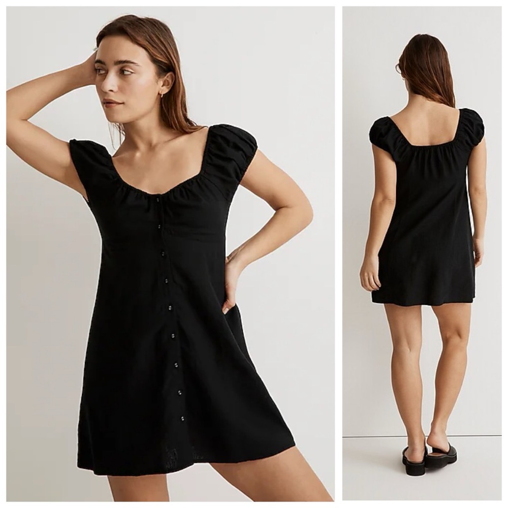 NWT Madewell Margie Mini Black Puff Button Linen Woven Dress Sz 4 / Small